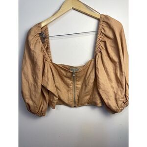 Nicholas Womens Dawn Cropped Blouse Puffy Sleeve US 12 Golden Brown Linen Cotton